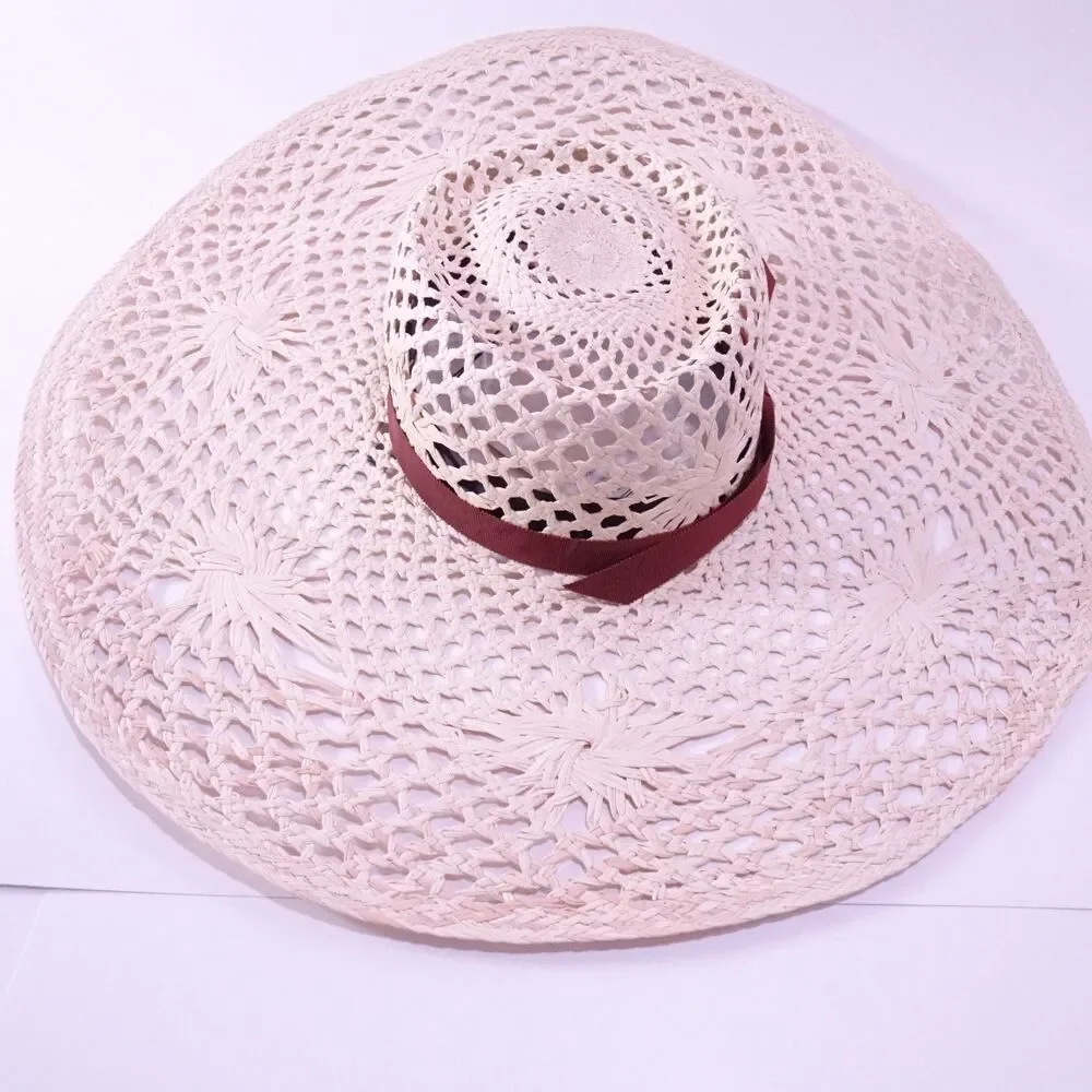 Veronica Beard Meringue Raffia Straw Wide Brim Sun Hat Natural S M NWT 298 - Picture 13 of 15